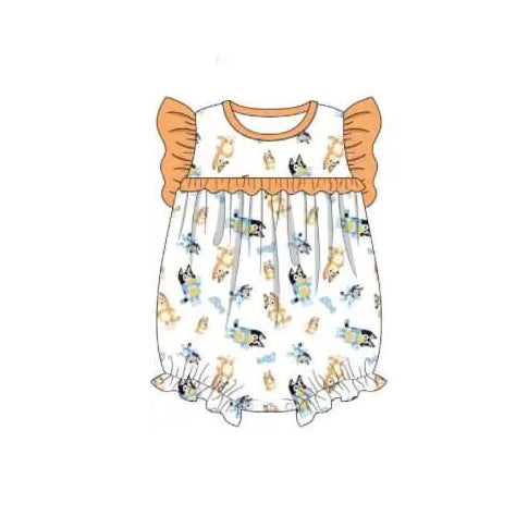 (Pre-order)SR1668  Orange Cartoon Dog Print Baby Girls Summer Romper