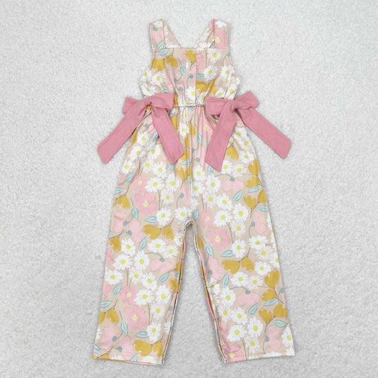 SR1674  Pink White Flowers Print Girls Summer Jumpsuits