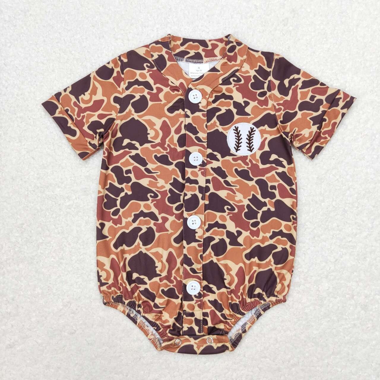 SR1684  Baseball Embroidery Brown Camo Baby Boys Summer Romper