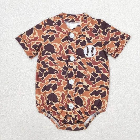 SR1684  Baseball Embroidery Brown Camo Baby Boys Summer Romper