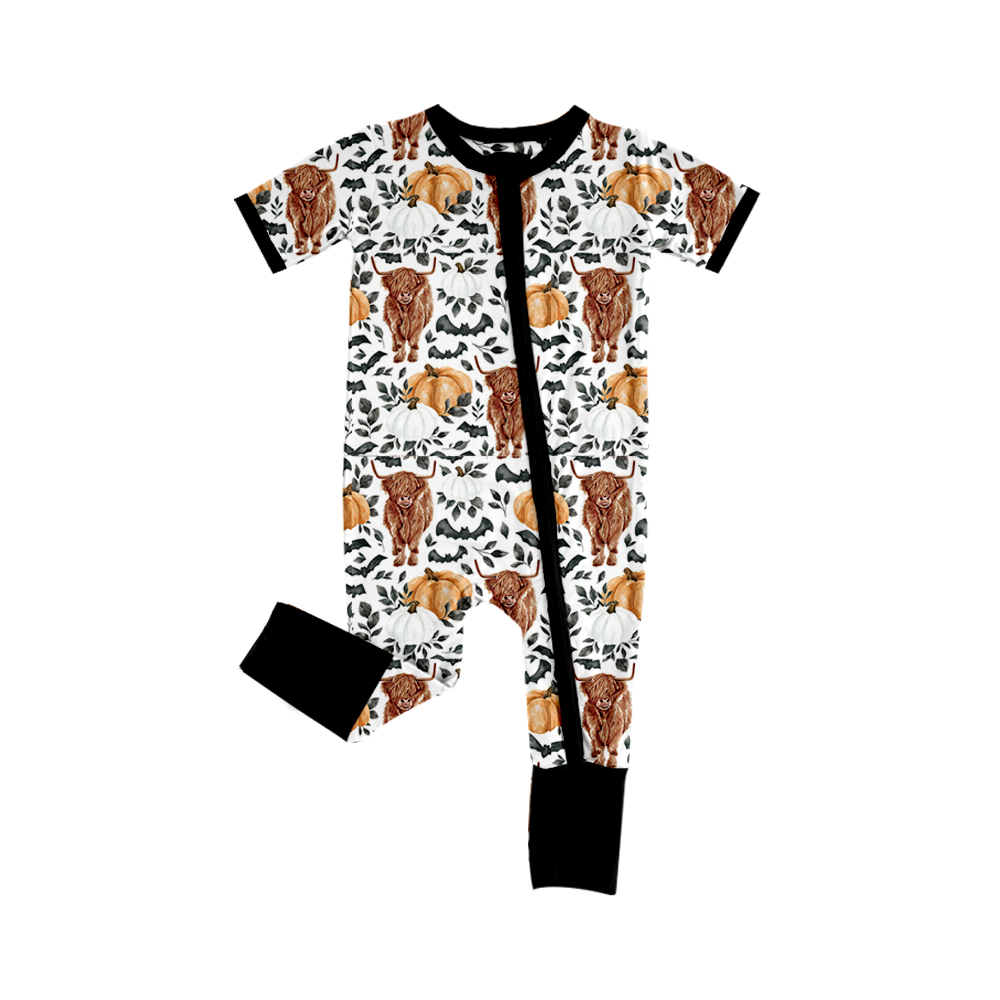 (Pre-order)SR1690  Highland Cow Pumpkin Print Baby Boys Fall Zipper Romper