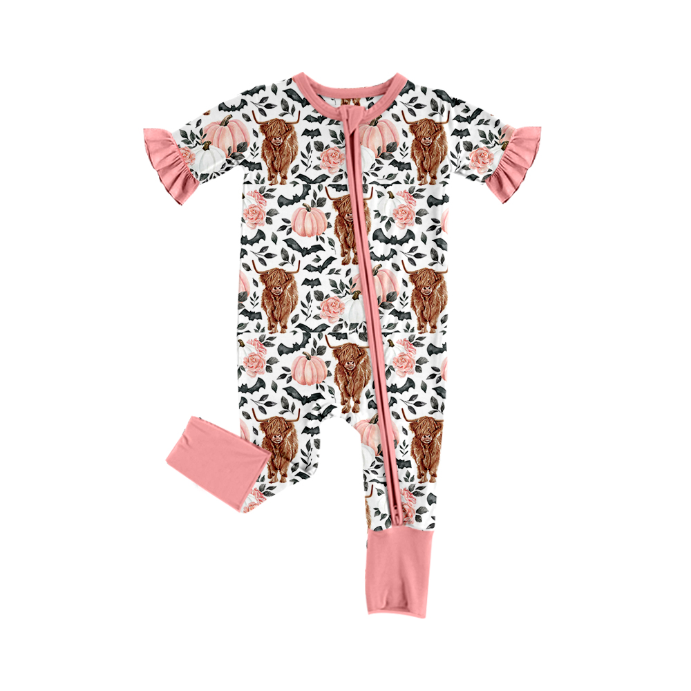 (Pre-order)SR1691  Highland Cow Pumpkin Print Baby Girls Fall Zipper Romper