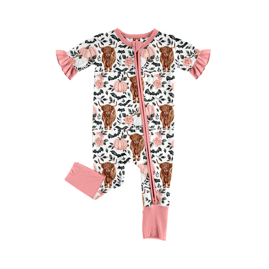 (Pre-order)SR1691  Highland Cow Pumpkin Print Baby Girls Fall Zipper Romper