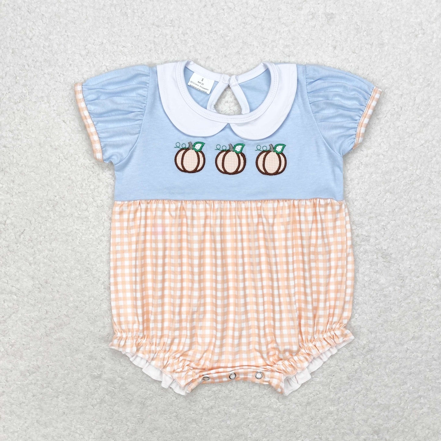 SR1710  Pumpkin Embroidery Orange Plaid Print Baby Girls Fall Romper