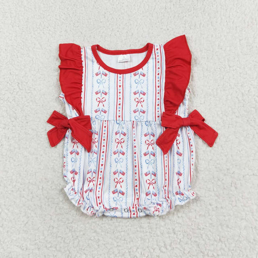 SR1717  Flags Bows Print Baby Girls 4th of July Romper