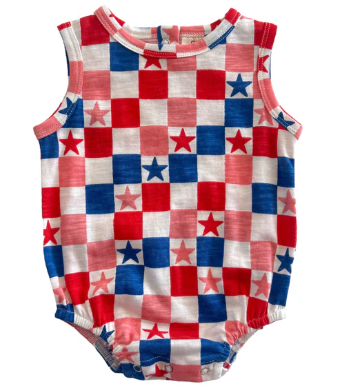 (Pre-order)SR1732  Stars Plaid Print Baby 4th of July Sleeveless Romper