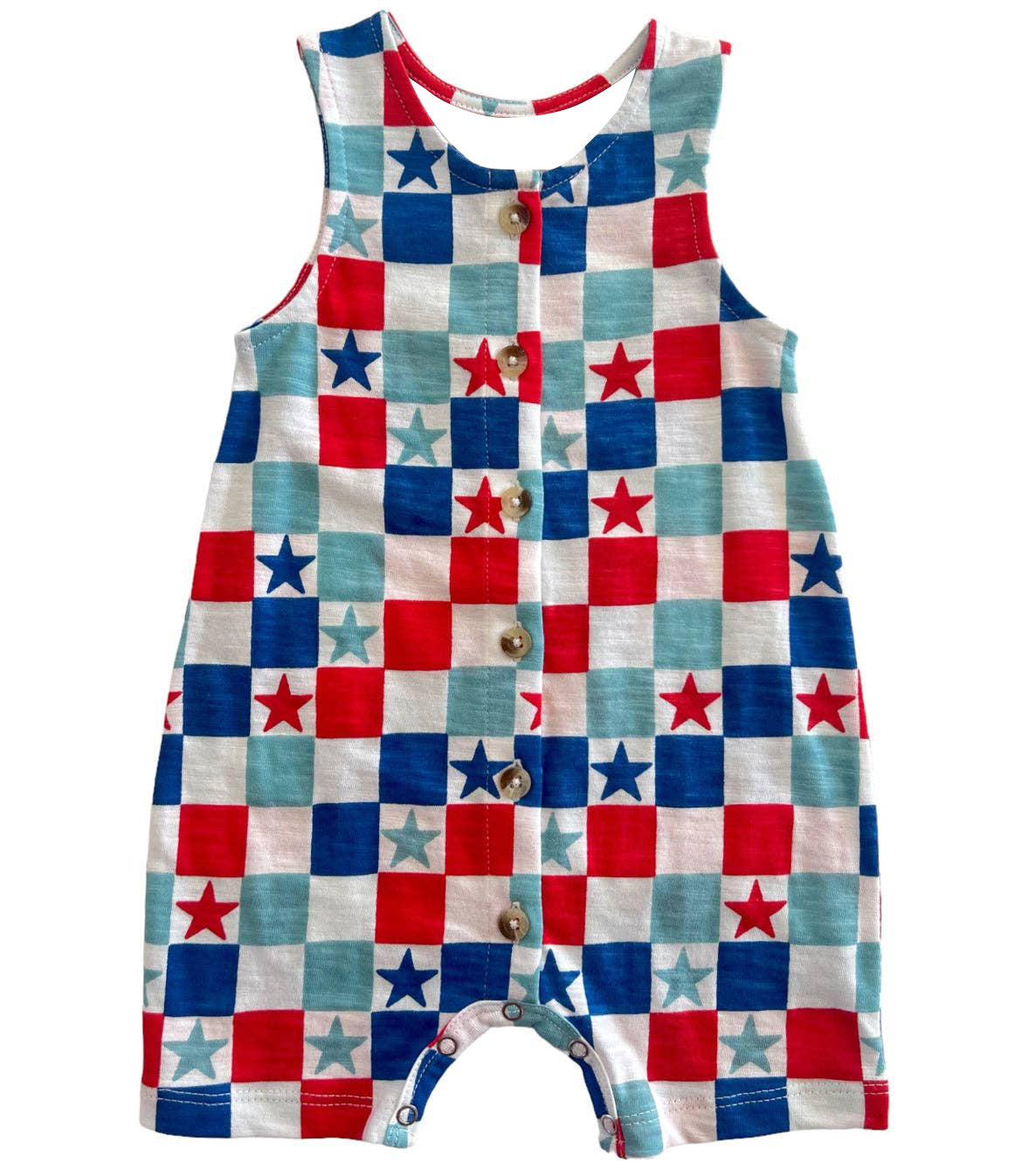 (Pre-order)SR1733  Stars Plaid Print Buttons Baby Boys 4th of July Romper