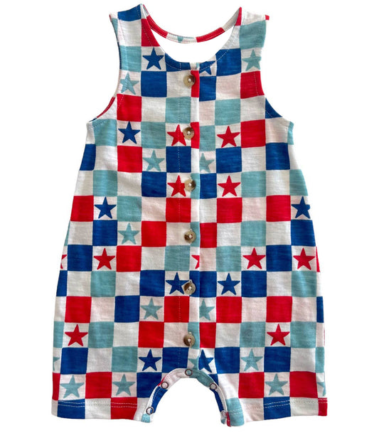 (Pre-order)SR1733  Stars Plaid Print Buttons Baby Boys 4th of July Romper