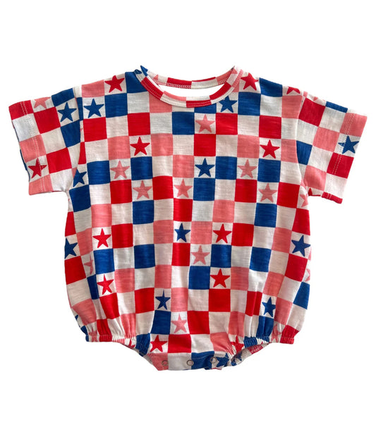 (Pre-order)SR1734  Stars Plaid Print Baby 4th of July Romper