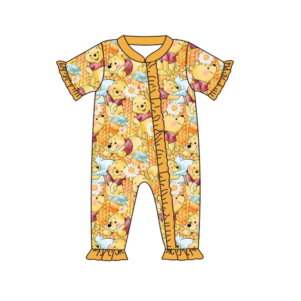 (Custom Design Preorder MOQ 5) Cartoon Bear Print Baby Girls Summer Zipper Romper
