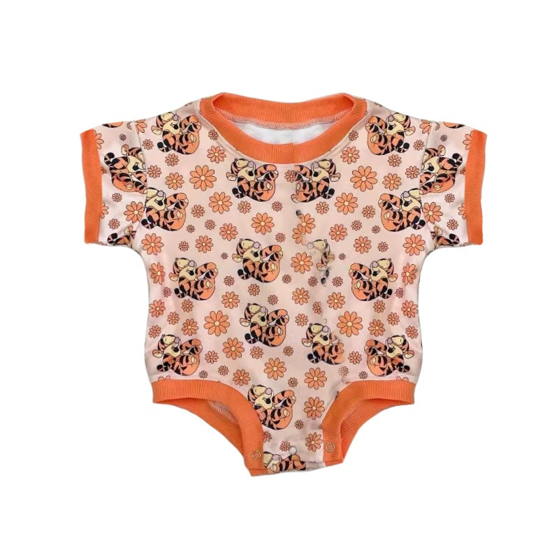 (Pre-order)SR1761  Cartoon Tiger Flowers Print Baby Girls Summer Romper