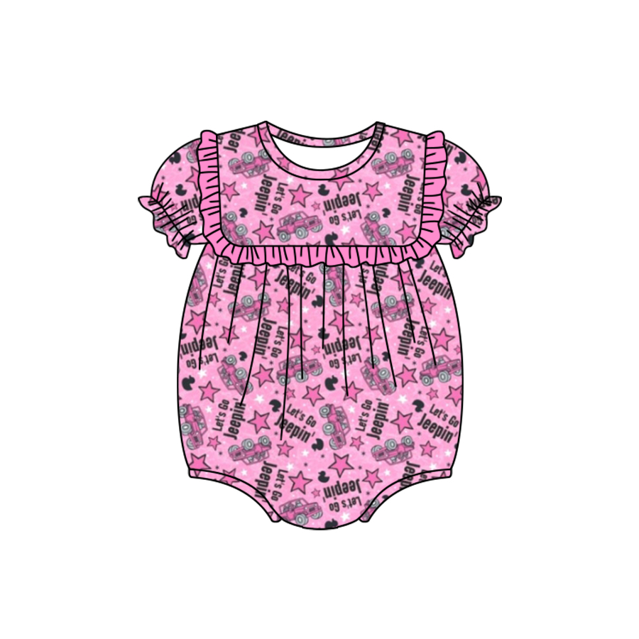 (Pre-order)SR1763  Let's Go Jeepin' Pink Print Baby Girls Summer Romper