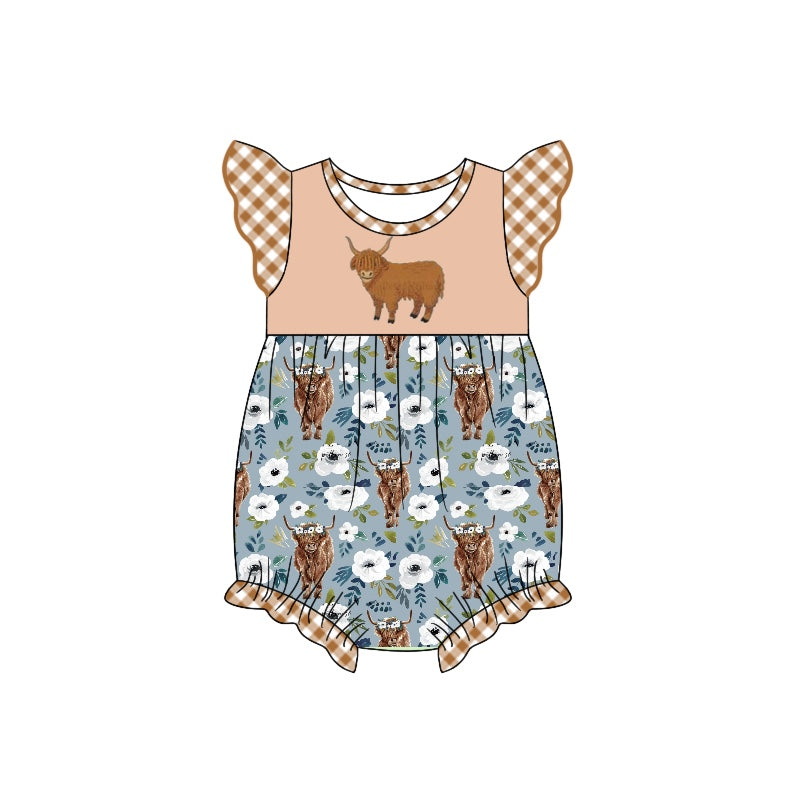 (Pre-order)SR1773 Highland Cow Flowers Print Baby Girls Summer Romper