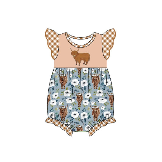 (Pre-order)SR1773 Highland Cow Flowers Print Baby Girls Summer Romper