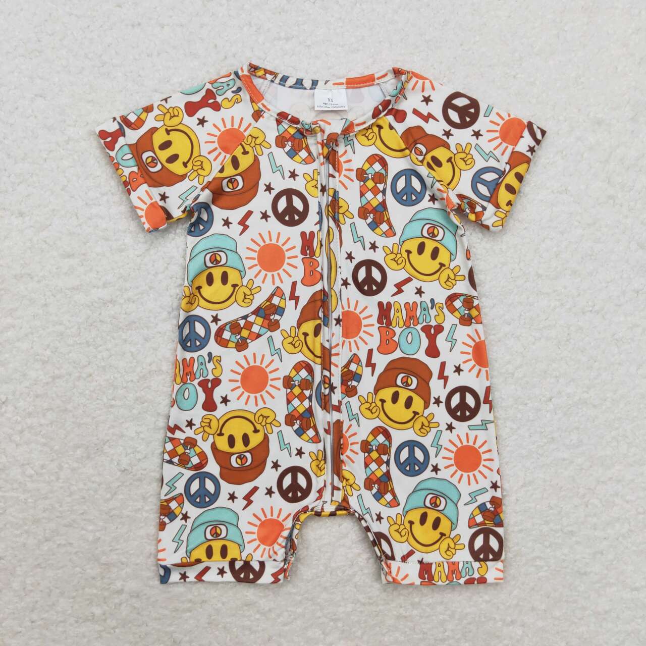 SR1776 MAMA'S Boy Smiling Face Print Baby Boys Summer Zipper Romper