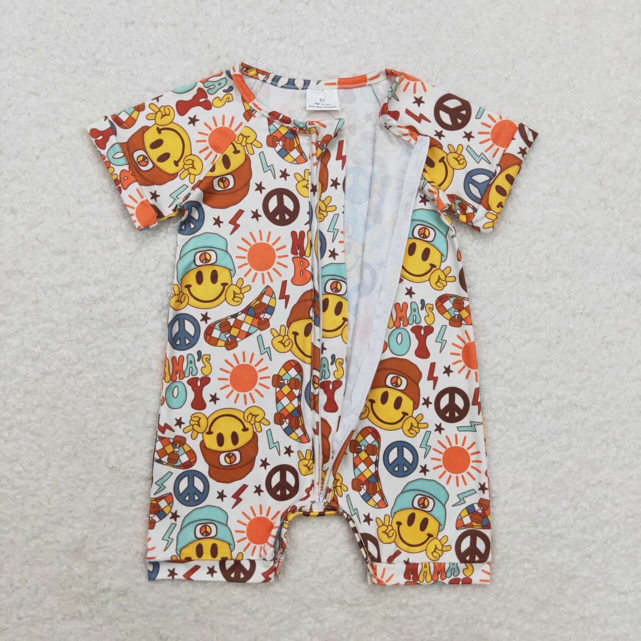 SR1776 MAMA'S Boy Smiling Face Print Baby Boys Summer Zipper Romper