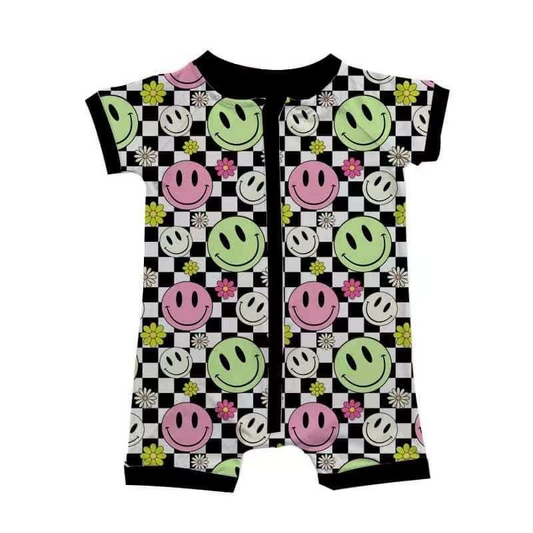 (Pre-order)SR1777 Smiling Face Flowers Print Baby Girls Summer Zipper Romper