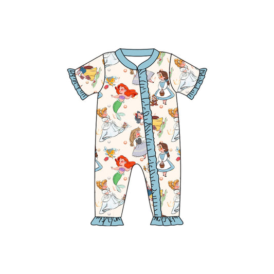 (Pre-order)SR1781 Cartoon Princess Print Baby Girls Zipper Summer Romper
