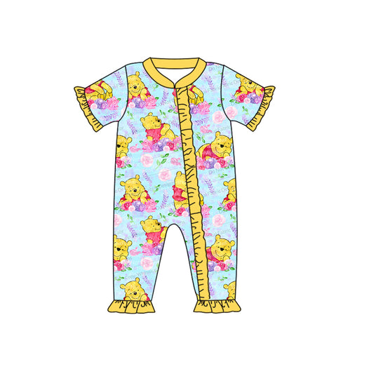 (Pre-order)SR1782 Cartoon Bear Flowers Print Baby Girls Zipper Summer Romper