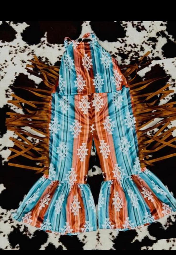 (Pre-order)SR1784  Aztec Print Girls Summer Western Jumpsuits