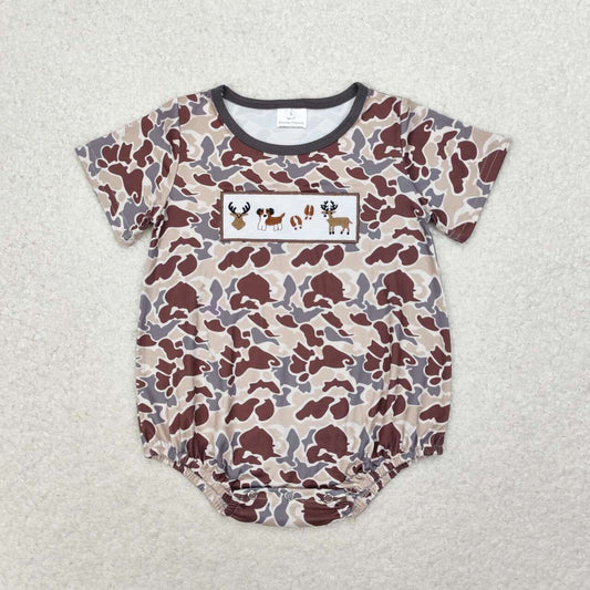 SR1785 Deer Dog Embroidery Camo Print Baby Boys Summer Romper