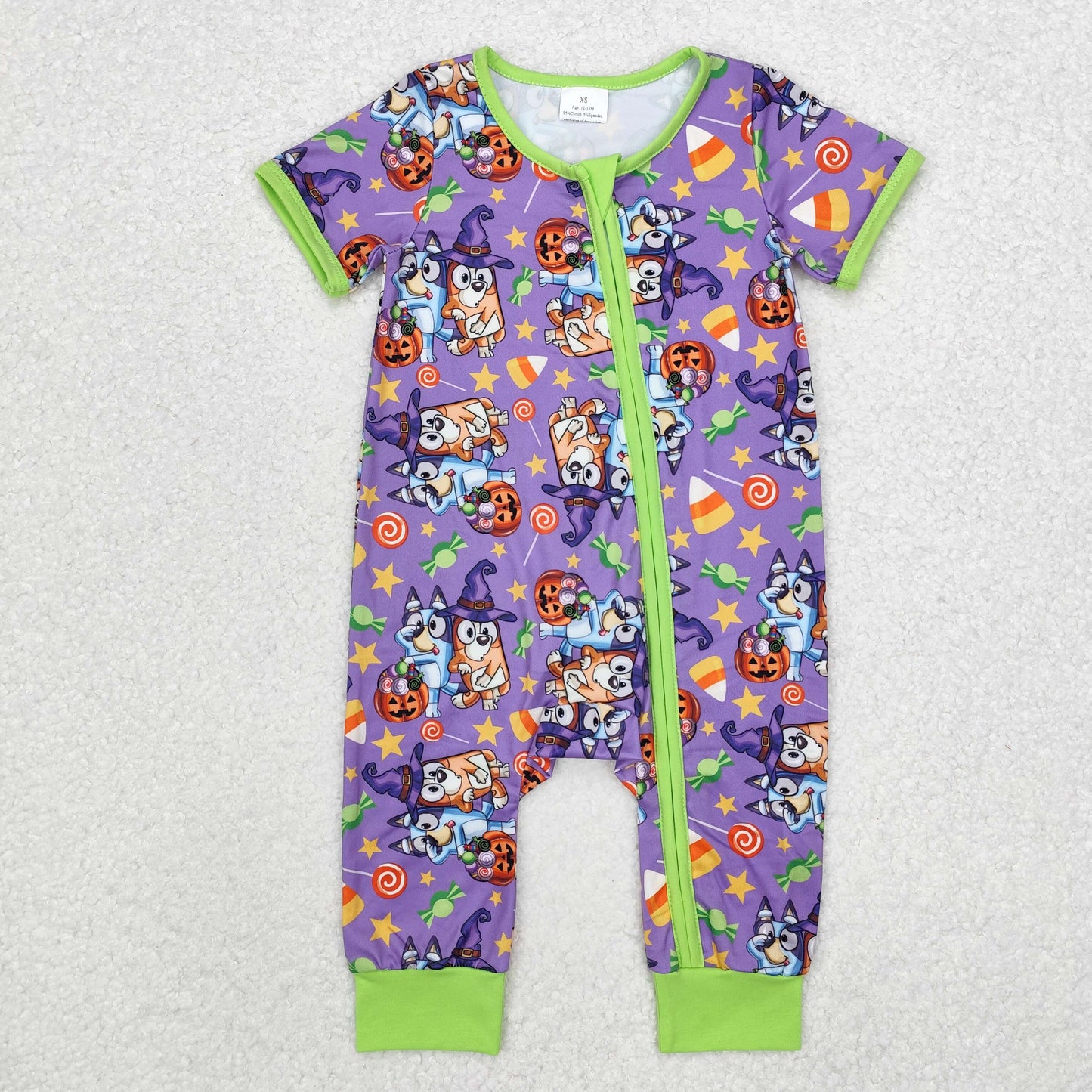 SR1803 Cartoon Dog Candy Print Baby Halloween Bamboo Zipper Romper