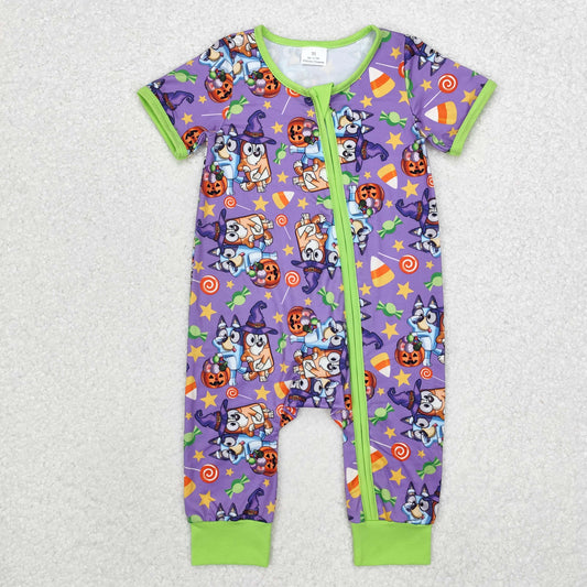 SR1803 Cartoon Dog Candy Print Baby Halloween Bamboo Zipper Romper