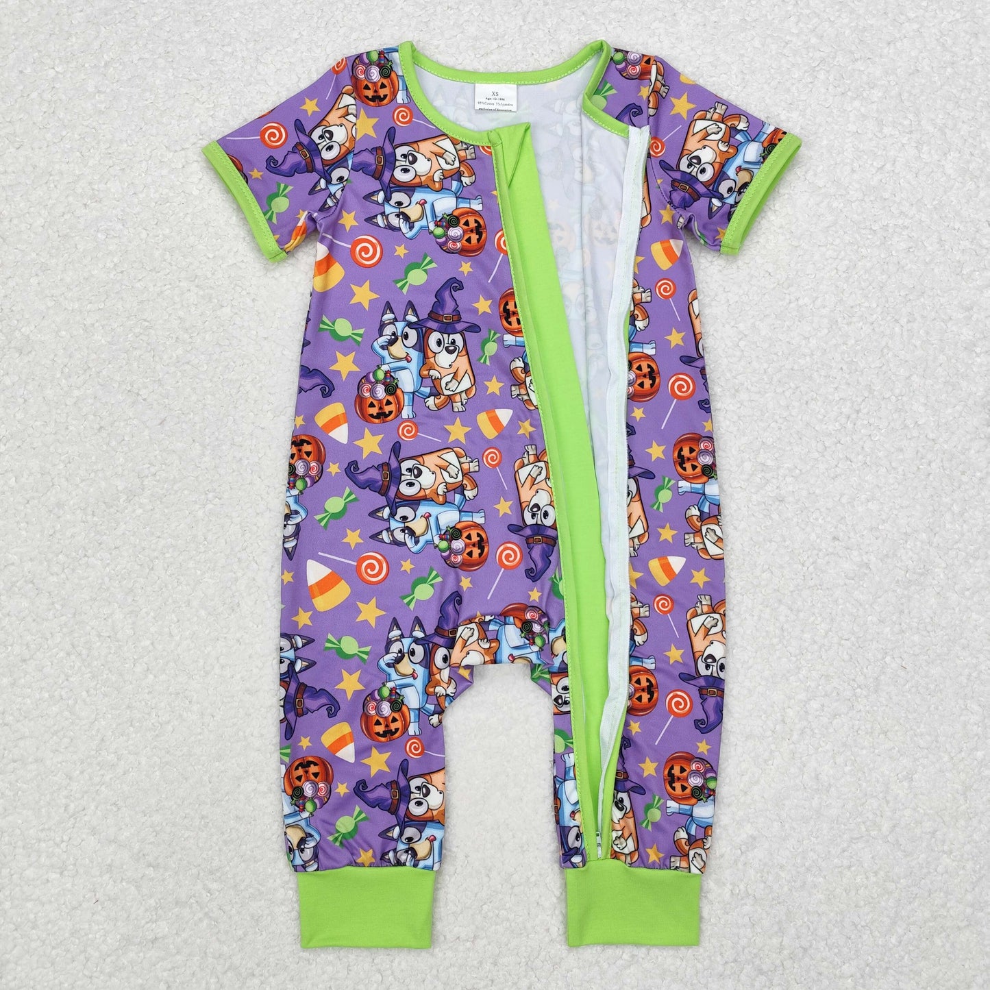 SR1803 Cartoon Dog Candy Print Baby Halloween Bamboo Zipper Romper