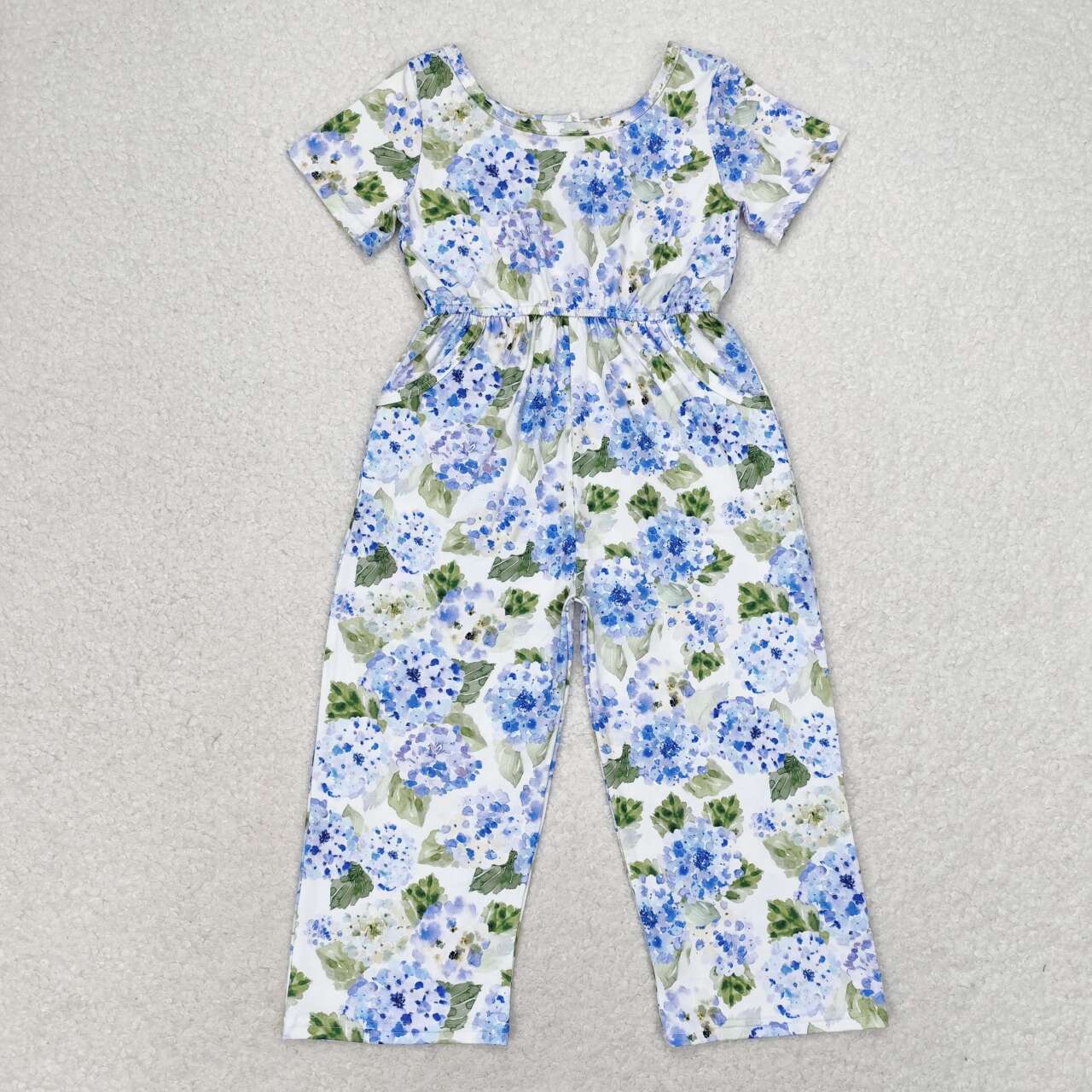 SR1846 Blue Flowers Print Girls Pockets Jumpsuits