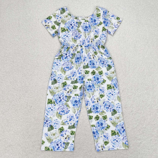 SR1846 Blue Flowers Print Girls Pockets Jumpsuits