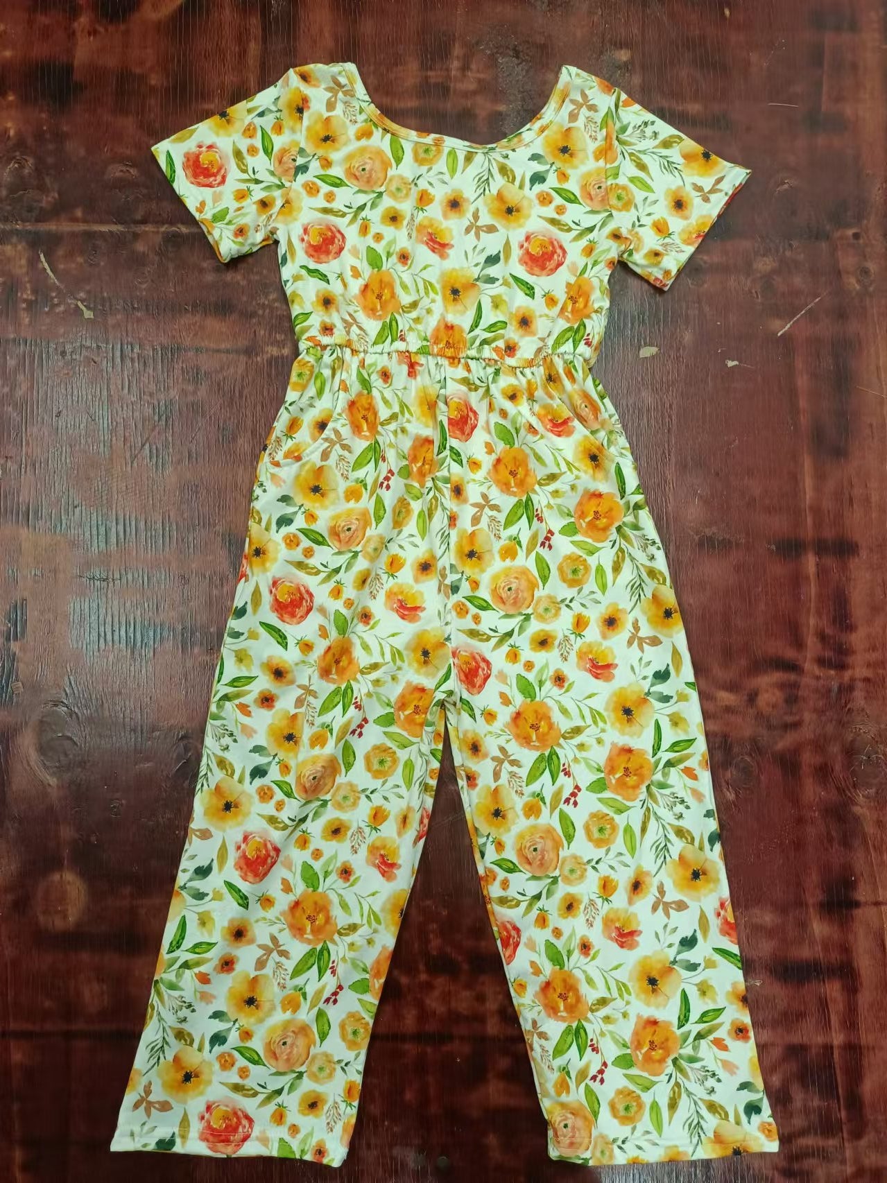 (Custom Design Preorder MOQ 5) Orange Flowers Print Girls Jumpsuits Baby Romper