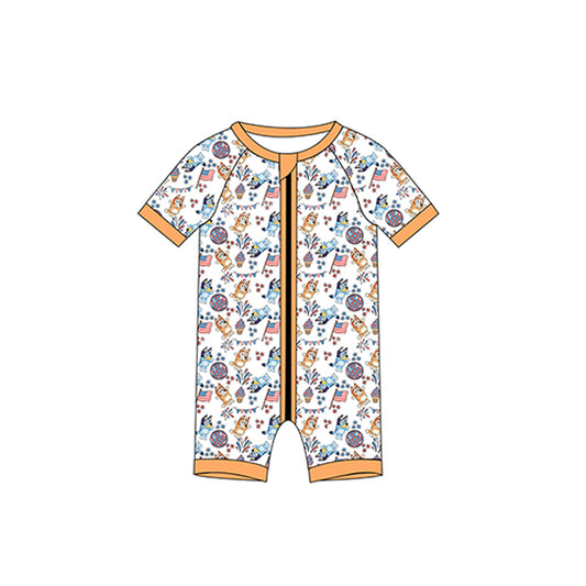 (Custom Design Preorder MOQ 5) Cartoon Dog Flag Disco Print Baby Boys 4th of July Sleeper Zipper Romper