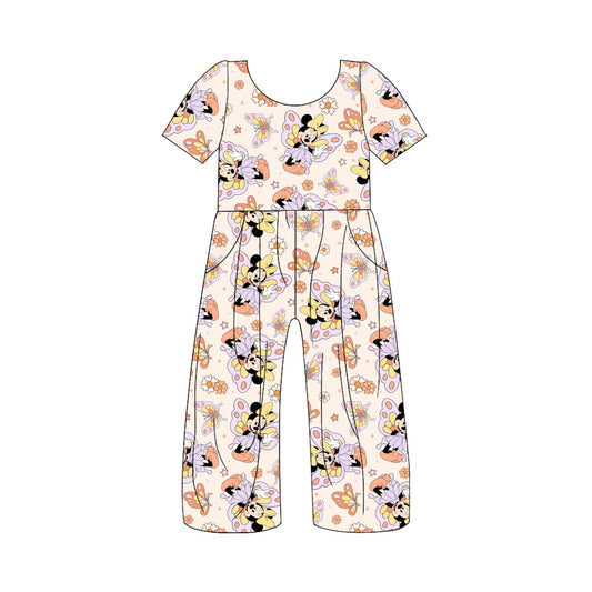 (Pre-order)SR1858  Cartoon Mouse Butterfly Print Girls Pockets Jumpsuits