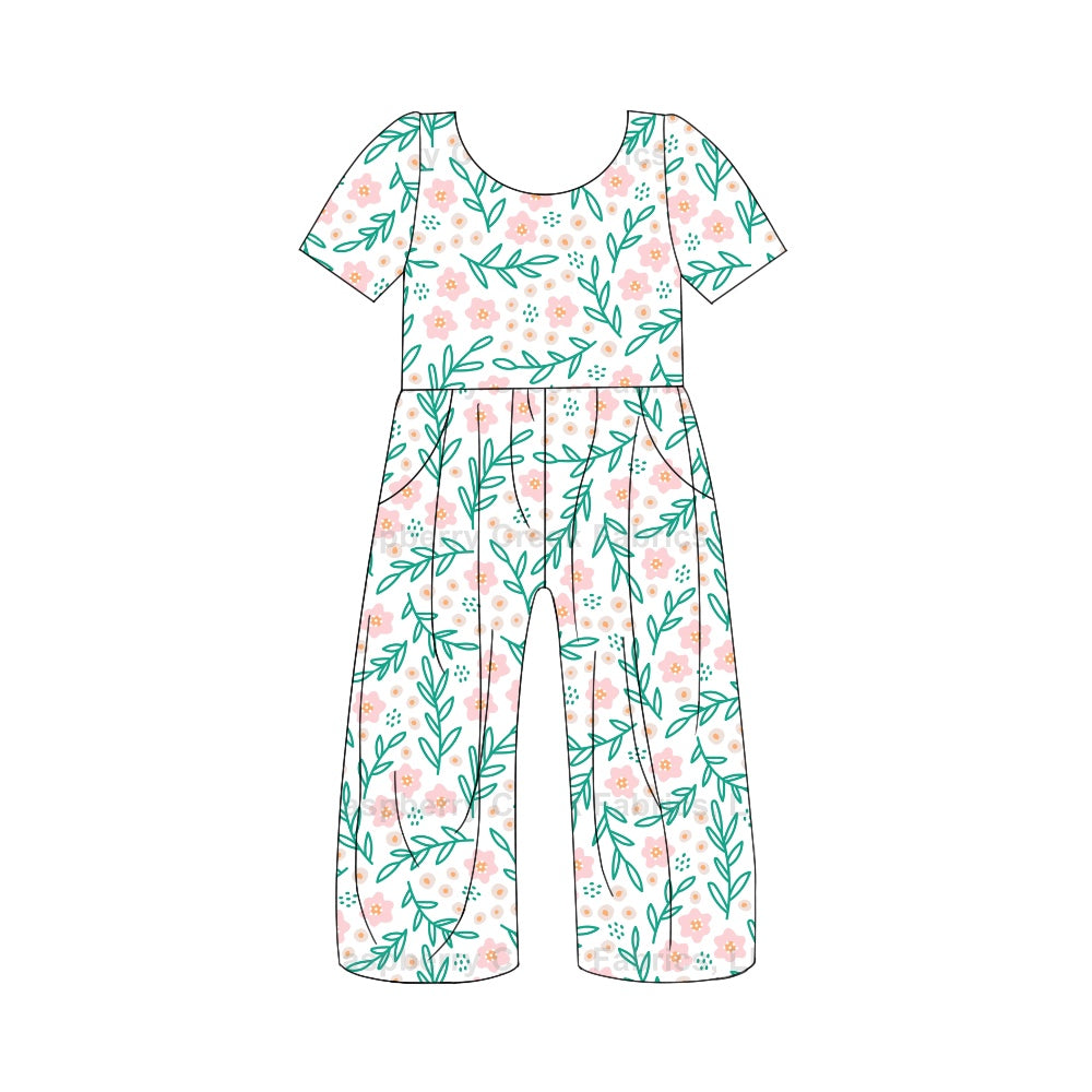 (Pre-order)SR1859  Pink Flowers Print Girls Pockets Jumpsuits