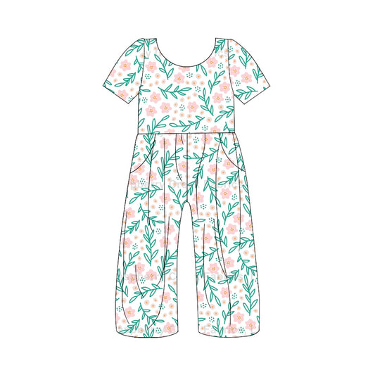 (Pre-order)SR1859  Pink Flowers Print Girls Pockets Jumpsuits