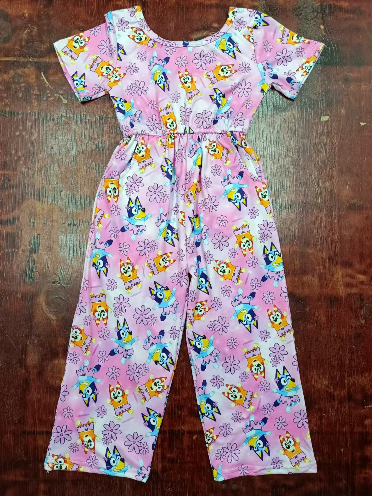 (Custom Design Preorder MOQ 5) Cartoon Dog Flowers Print Girls Jumpsuits Baby Romper