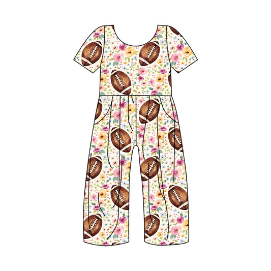 (Pre-order)SR1871  Football Flowers Print Girls Pockets Jumpsuits