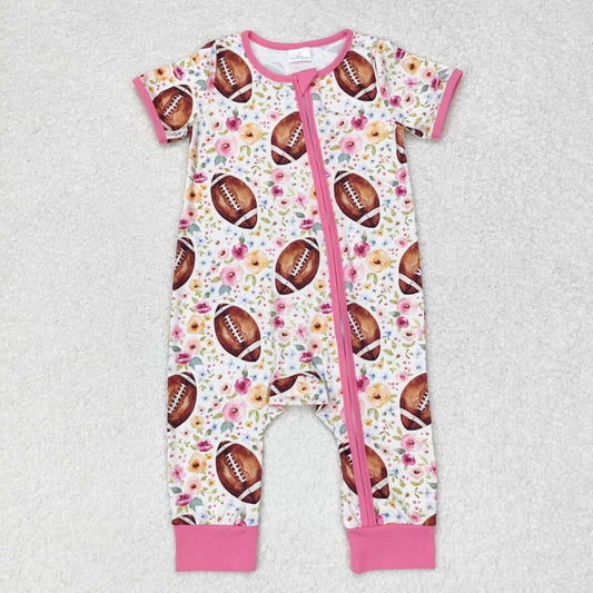 SR1872 Football Flowers Print Baby Girls Sleeper Zipper Romper