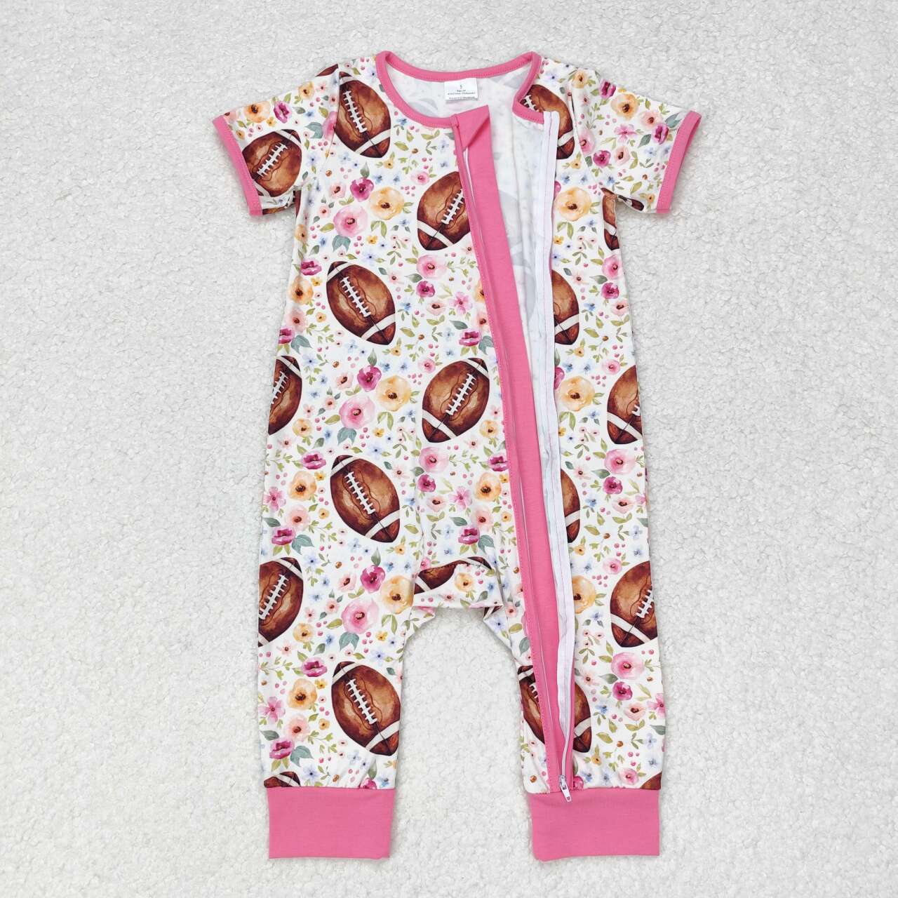 SR1872 Football Flowers Print Baby Girls Sleeper Zipper Romper