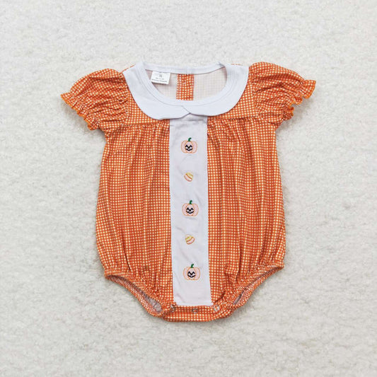 SR1879 Pumpkin Candy Embroidery Plaid Print Baby Girls Halloween Romper