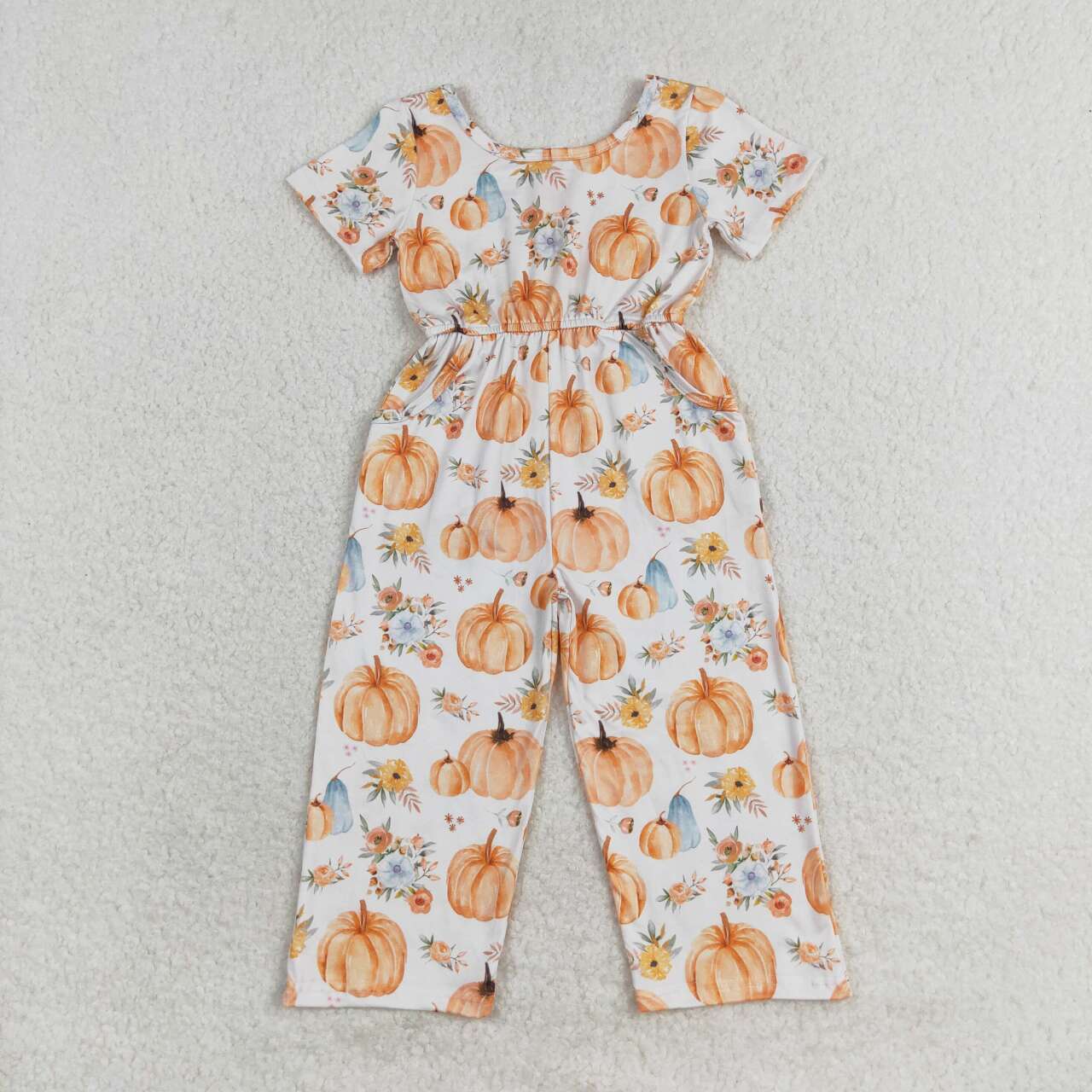 SR1880 Pumpkin Flowers Print Girls Pockets Fall Jumpsuits