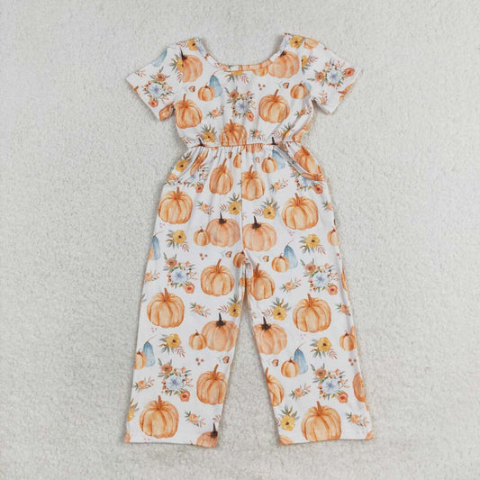 SR1880 Pumpkin Flowers Print Girls Pockets Fall Jumpsuits