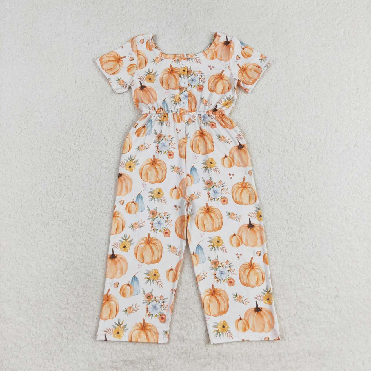 SR1880 Pumpkin Flowers Print Girls Pockets Fall Jumpsuits