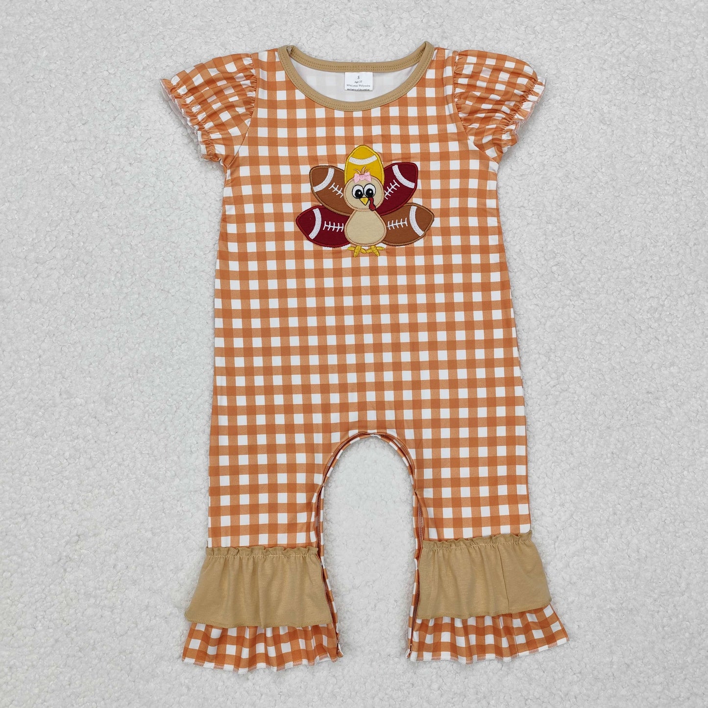 SR1886 Turkey Football Embroidery Plaid Print Baby Girls Thanksgiving Romper