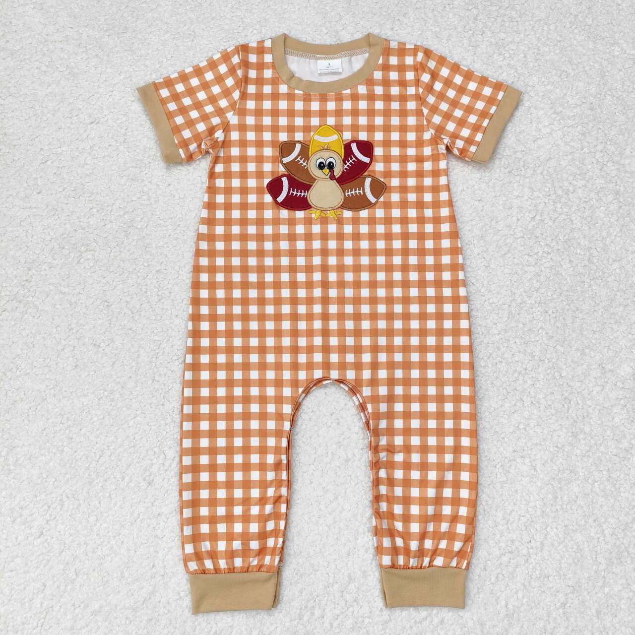 SR1887 Turkey Football Embroidery Plaid Print Baby Boys Thanksgiving Romper