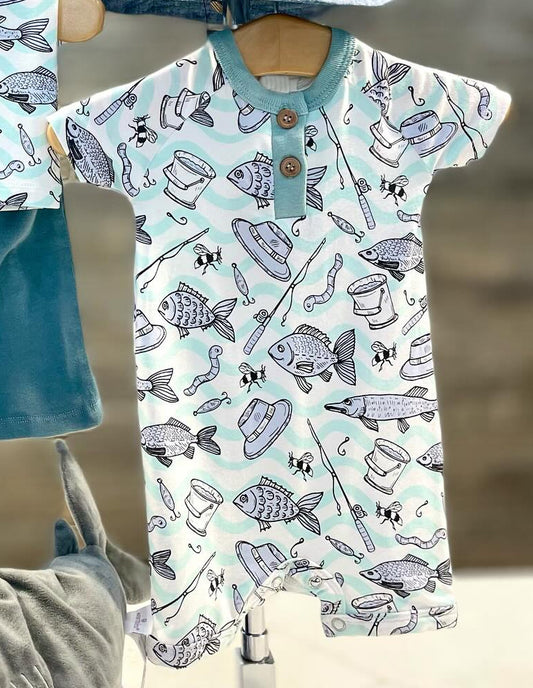 (Pre-order)SR1888 Fishing Print Baby Boys Summer Romper