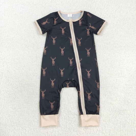 SR1896 Camo Deer Black Print Baby Boys Bamboo Sleeper Zipper Romper