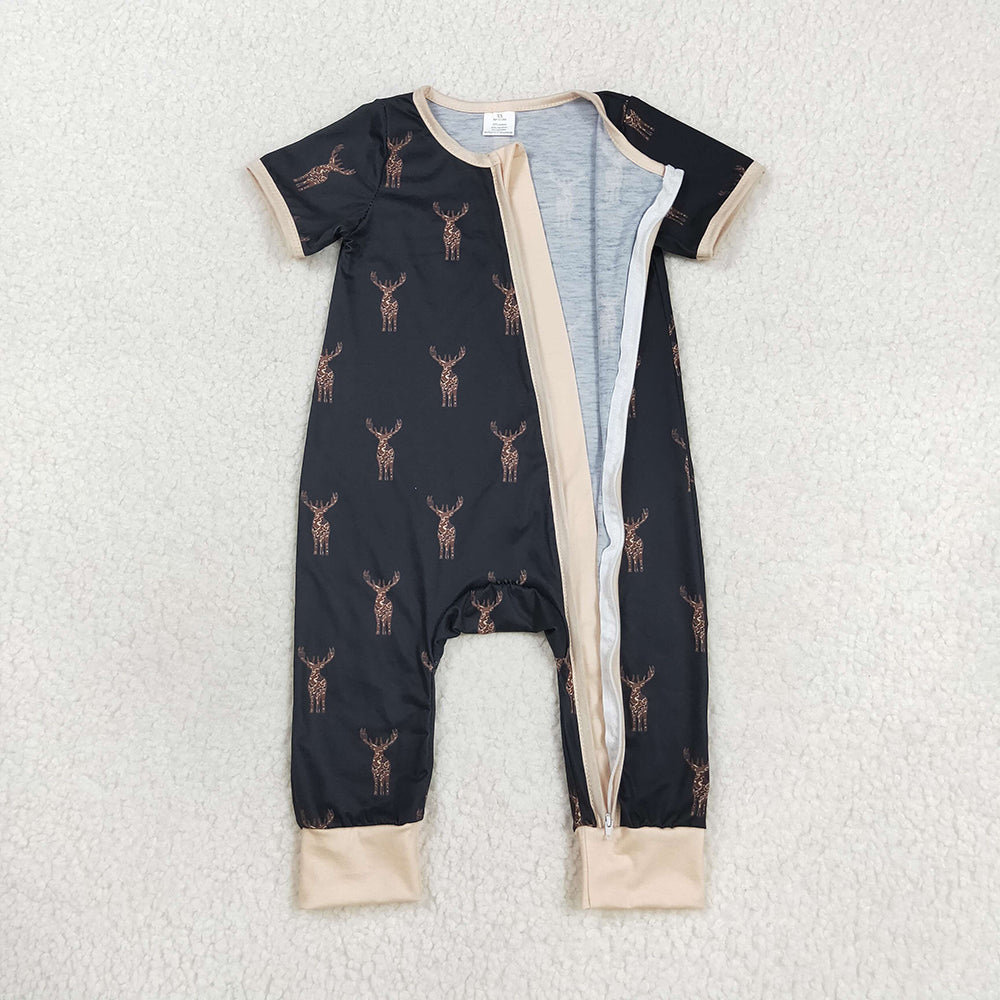 SR1896 Camo Deer Black Print Baby Boys Bamboo Sleeper Zipper Romper