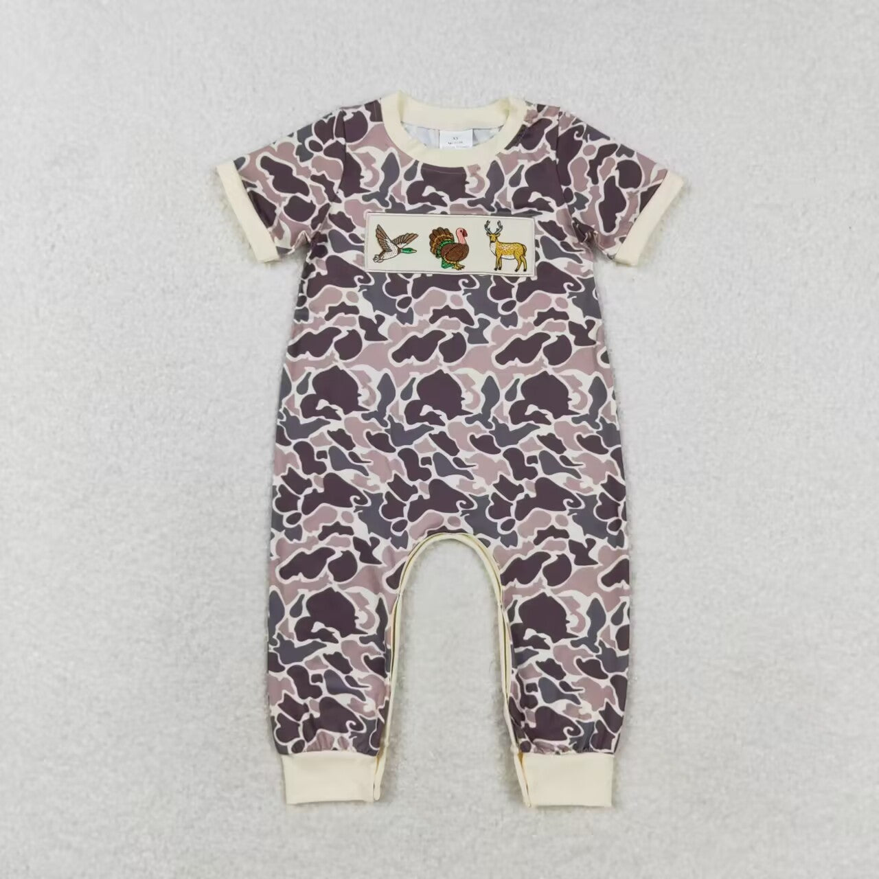 SR1901 Duck Turkey Deer Embroidery Camo Print Baby Boys Hunting Romper