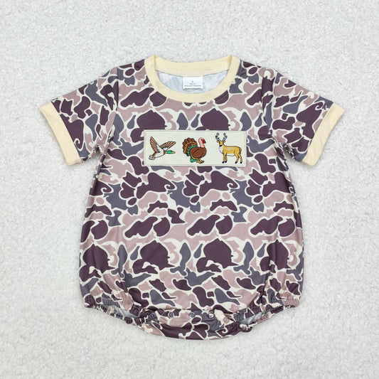 SR1902 Duck Turkey Deer Embroidery Camo Print Baby Boys Hunting Romper